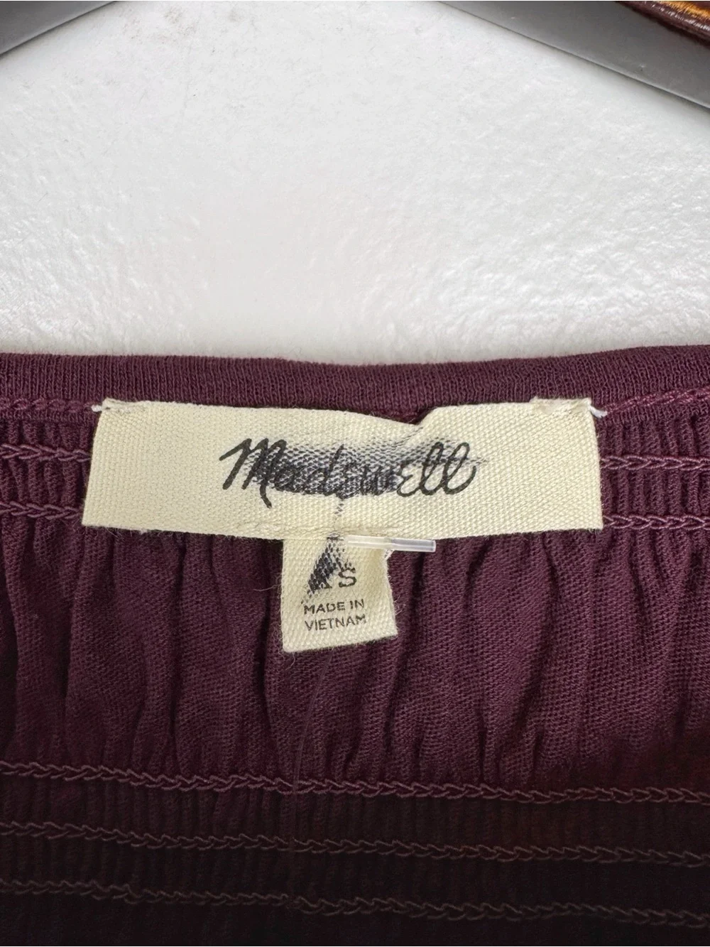 Madewell Smocked Cotton Boatneck Puff Sleeves Slim Fit Top Burgundy Size XS NWT